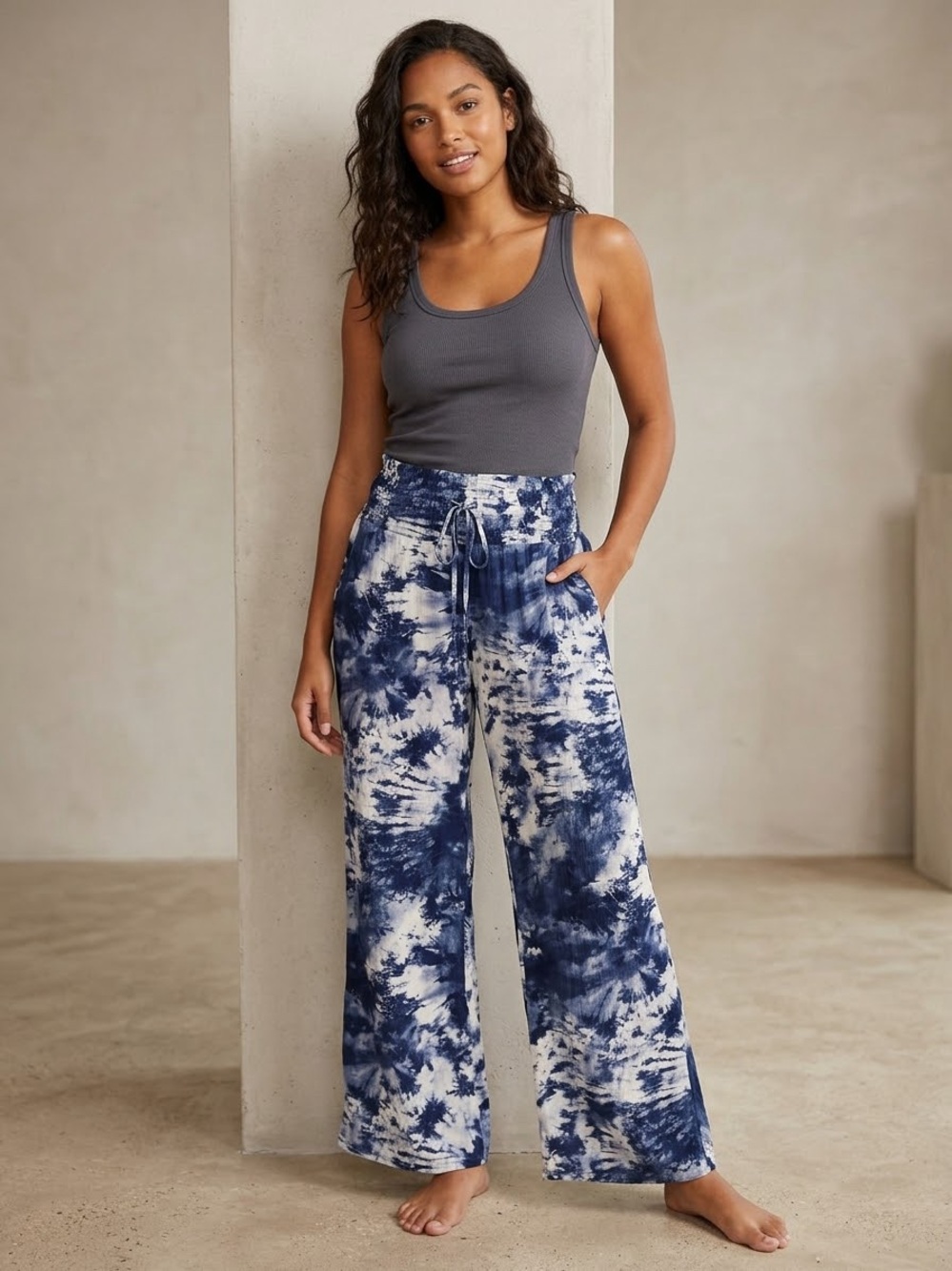 Peace & Pearls Blue Tie Dye Wide Leg Pants Small Smocked High Waist Rayon Boho